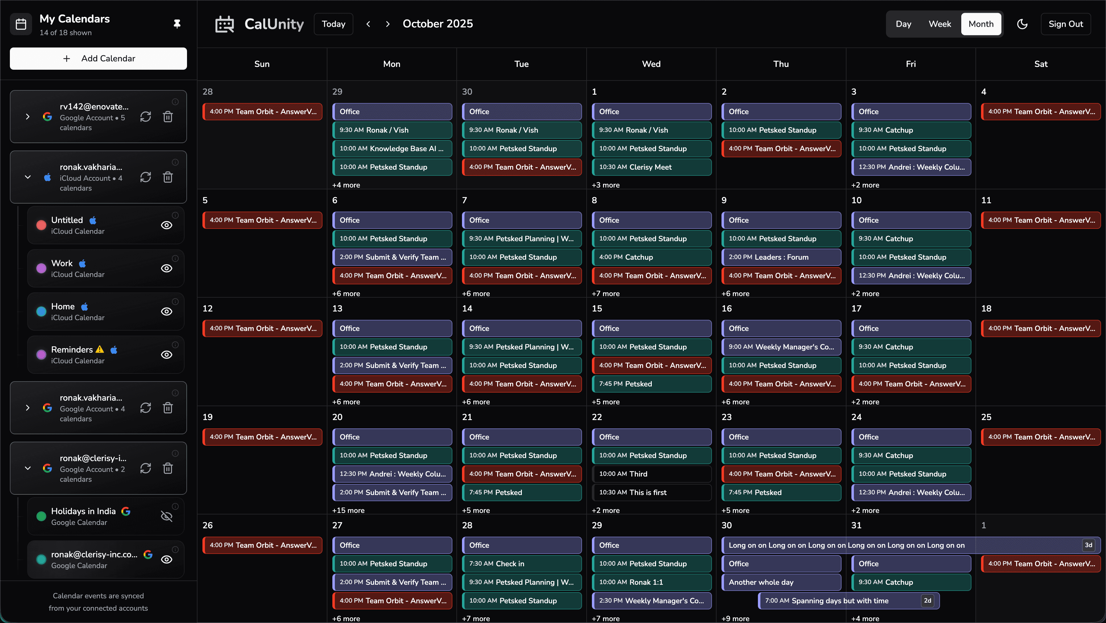 Month view showing all calendars